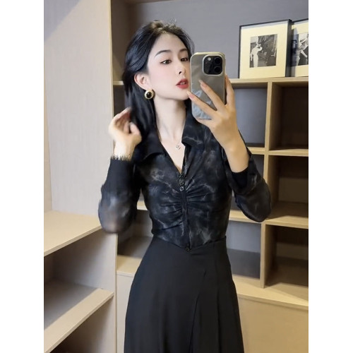 法式復古紥染V領長袖襯衫女2025秋季新款設計感修身顯瘦別致上衣