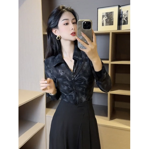 法式復古紥染V領長袖襯衫女2025秋季新款設計感修身顯瘦別致上衣