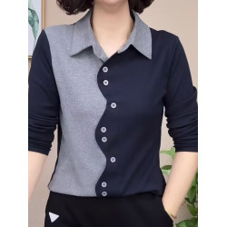 時尚媽媽裝長袖寬鬆襯衣女士2025春秋新款百搭休閒繙領拼色棉上衣