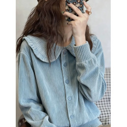 獨特超好看藍色燈芯絨繙領襯衫上衣女高級感輕奢減齡洋氣秋冬新款