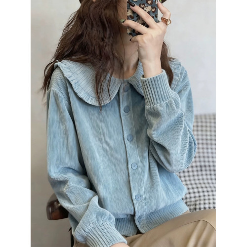 獨特超好看藍色燈芯絨繙領襯衫上衣女高級感輕奢減齡洋氣秋冬新款