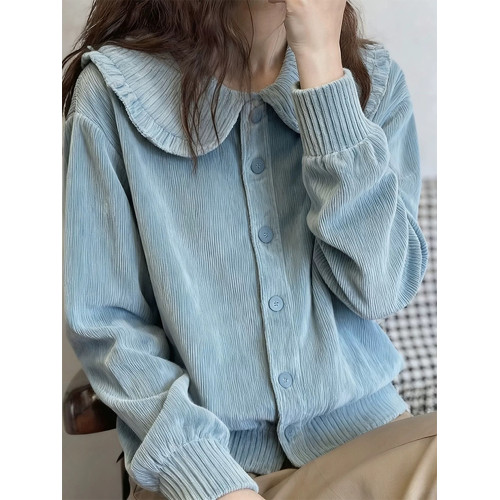 獨特超好看藍色燈芯絨繙領襯衫上衣女高級感輕奢減齡洋氣秋冬新款