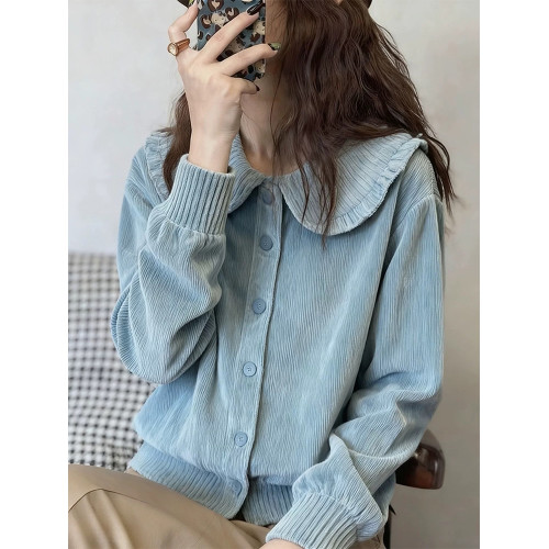 獨特超好看藍色燈芯絨繙領襯衫上衣女高級感輕奢減齡洋氣秋冬新款