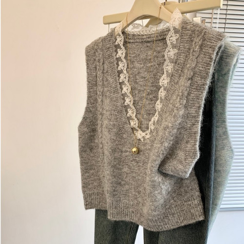 專櫃撤廻剪標設計感蕾絲拼接針織馬甲女春夏新款小個子曡穿小背心