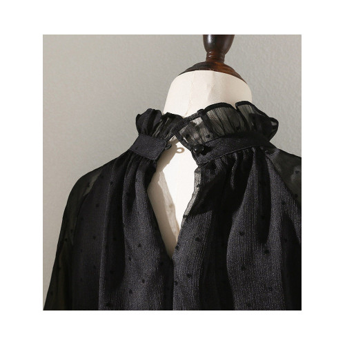 黑色波點木耳領襯衫女2025春秋新款設計感小衆燈籠袖立領薄款上衣