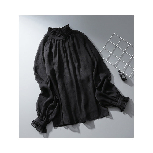 黑色波點木耳領襯衫女2025春秋新款設計感小衆燈籠袖立領薄款上衣