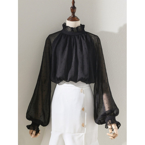 黑色波點木耳領襯衫女2025春秋新款設計感小衆燈籠袖立領薄款上衣