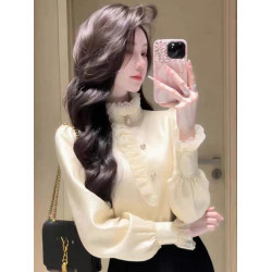 高檔法式花邊襯衫女春季新款緞面蕾絲立領洋氣內搭打底衫長袖上衣