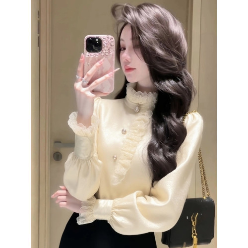 高檔法式花邊襯衫女春季新款緞面蕾絲立領洋氣內搭打底衫長袖上衣