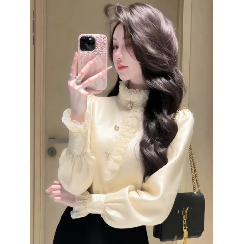 高檔法式花邊襯衫女春季新款緞面蕾絲立領洋氣內搭打底衫長袖上衣