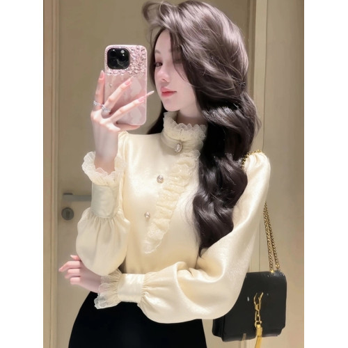 高檔法式花邊襯衫女春季新款緞面蕾絲立領洋氣內搭打底衫長袖上衣