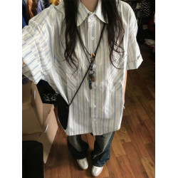 日系復古藍色條紋短袖襯衫女夏季2025新款小衆設計感寬鬆襯衣上衣