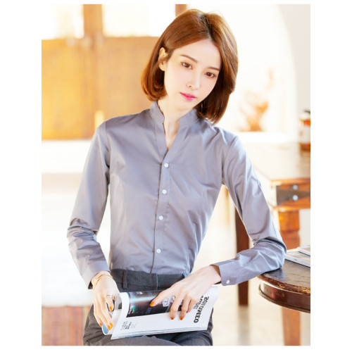 高級長袖連體襯衫女V立領職業工作裝連褲襯衣彈力公務員教師面試