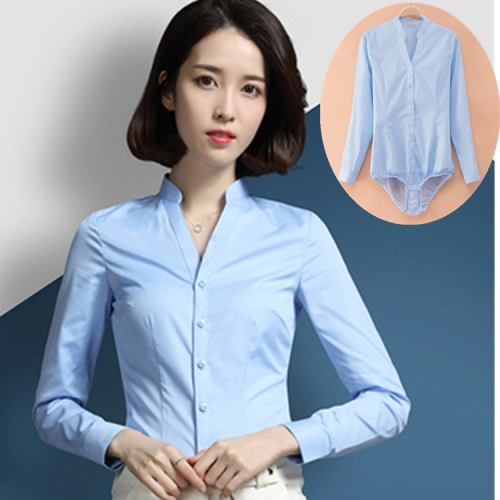 高級長袖連體襯衫女V立領職業工作裝連褲襯衣彈力公務員教師面試