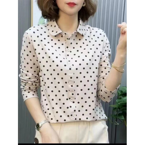 舒適彈力棉質長袖襯衫女春秋設計感小衆全棉波點襯衣polo領T恤衫