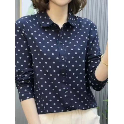 舒適彈力棉質長袖襯衫女春秋設計感小衆全棉波點襯衣polo領T恤衫