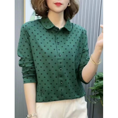 舒適彈力棉質長袖襯衫女春秋設計感小衆全棉波點襯衣polo領T恤衫