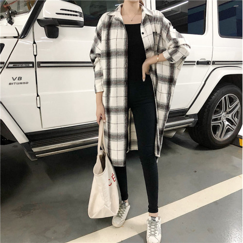 襯衫外套女ins潮新款學生格子秋冬外穿中長款加絨胖mm長袖連衣裙