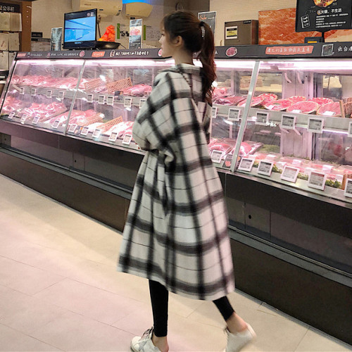 襯衫外套女ins潮新款學生格子秋冬外穿中長款加絨胖mm長袖連衣裙