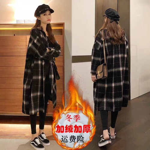 襯衫外套女ins潮新款學生格子秋冬外穿中長款加絨胖mm長袖連衣裙