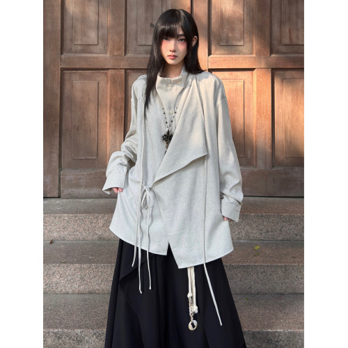 FG721 秋冬設計感山本耀司上衣女新中式道袍綁帶長袖襯衫外套中性