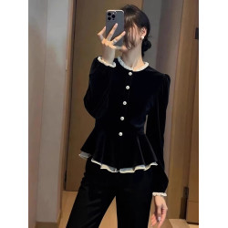 法式立領絲絨上衣女秋冬收腰裙擺小衫2025新款時尚洋氣長袖襯衫