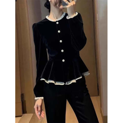 法式立領絲絨上衣女秋冬收腰裙擺小衫2025新款時尚洋氣長袖襯衫