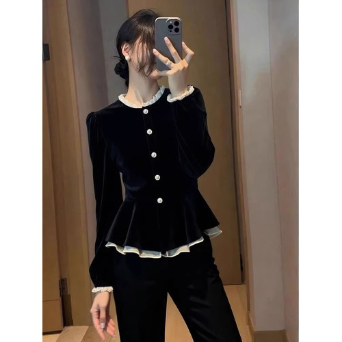 法式立領絲絨上衣女秋冬收腰裙擺小衫2025新款時尚洋氣長袖襯衫