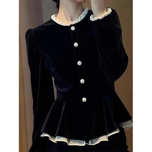 法式立領絲絨上衣女秋冬收腰裙擺小衫2025新款時尚洋氣長袖襯衫