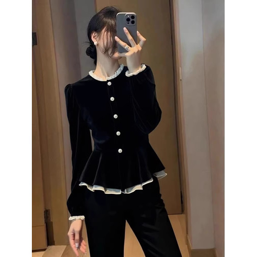 法式立領絲絨上衣女秋冬收腰裙擺小衫2025新款時尚洋氣長袖襯衫