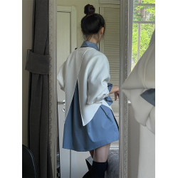 法式顯白氣質不規則小衆設計感披肩罩衫寬鬆長袖襯衫百搭短褲套裝