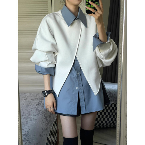 法式顯白氣質不規則小衆設計感披肩罩衫寬鬆長袖襯衫百搭短褲套裝