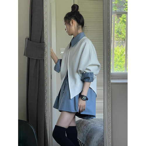 法式顯白氣質不規則小衆設計感披肩罩衫寬鬆長袖襯衫百搭短褲套裝