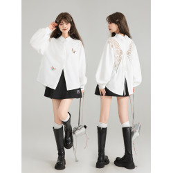 KEIKO 蝴蝶刺綉黑色長袖襯衫2026早春高級感泡泡袖上衣寬鬆防曬衫