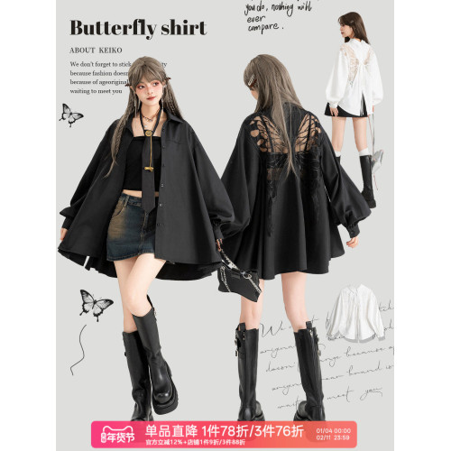 KEIKO 蝴蝶刺綉黑色長袖襯衫2026早春高級感泡泡袖上衣寬鬆防曬衫