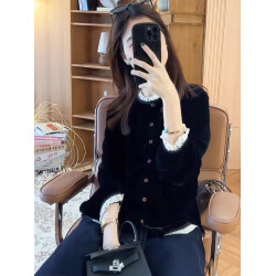 黑色木耳邊拼接絲絨襯衫秋季大碼女裝輕奢減齡高級大氣上檔次上衣