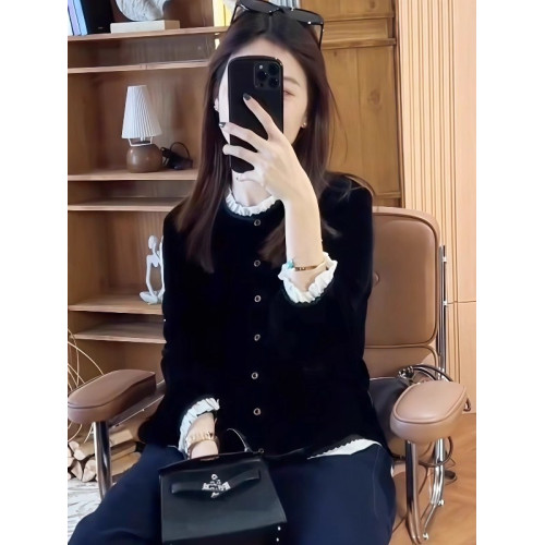 黑色木耳邊拼接絲絨襯衫秋季大碼女裝輕奢減齡高級大氣上檔次上衣