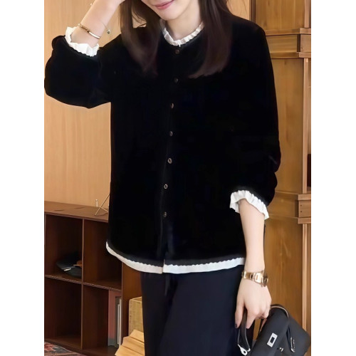 黑色木耳邊拼接絲絨襯衫秋季大碼女裝輕奢減齡高級大氣上檔次上衣