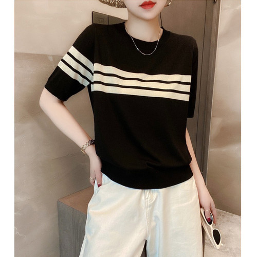 休閒舒適圓領套頭打底衫夏季韓版減齡顯瘦條紋冰絲針織衫短袖上衣