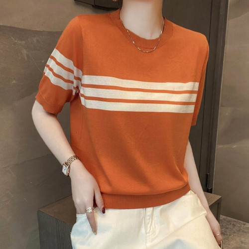 休閒舒適圓領套頭打底衫夏季韓版減齡顯瘦條紋冰絲針織衫短袖上衣