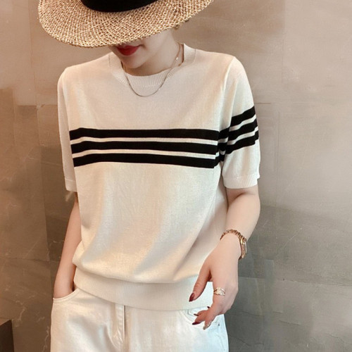 休閒舒適圓領套頭打底衫夏季韓版減齡顯瘦條紋冰絲針織衫短袖上衣