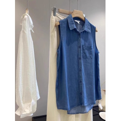 百搭洋氣極簡風薄款POLO領天絲無袖背心襯衫上衣