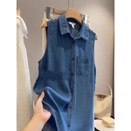 百搭洋氣極簡風薄款POLO領天絲無袖背心襯衫上衣