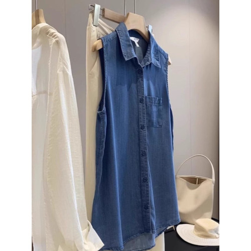 百搭洋氣極簡風薄款POLO領天絲無袖背心襯衫上衣