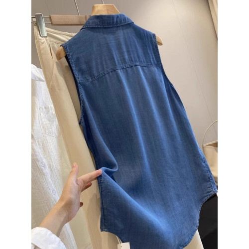 百搭洋氣極簡風薄款POLO領天絲無袖背心襯衫上衣