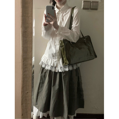 YUNNNIE 古早感白色襯衫女設計感小衆蕾絲花邊復古寬鬆長袖襯衣服