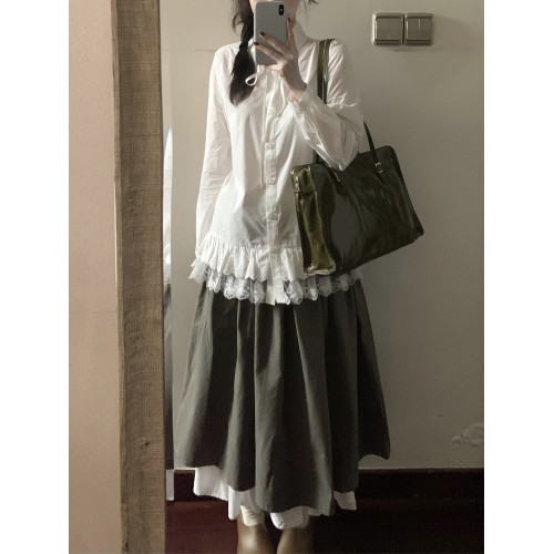 YUNNNIE 古早感白色襯衫女設計感小衆蕾絲花邊復古寬鬆長袖襯衣服