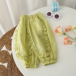 女寶韓版春秋褲子2024洋氣時尚百搭花邊褶皺休閒百搭束腳防蚊長褲