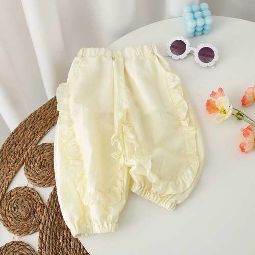 女寶韓版春秋褲子2024洋氣時尚百搭花邊褶皺休閒百搭束腳防蚊長褲