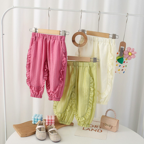 女寶韓版春秋褲子2024洋氣時尚百搭花邊褶皺休閒百搭束腳防蚊長褲